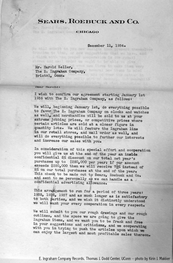 Contract letter from Sears to Ingraham Co. [UConn Archives and Special Collections]