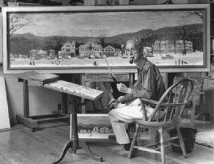 Norman Rockwell in his studio with the Stockbridge Main Street at Christmas painting